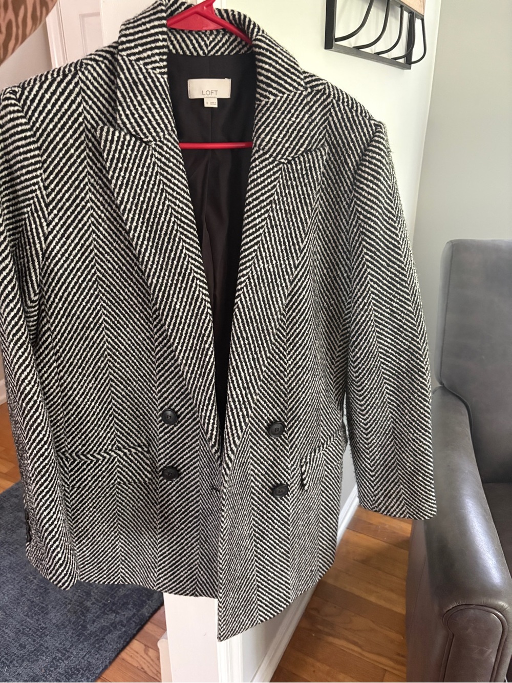 LOFT Black and White Herringbone Double-Breasted Blazer/Jacket
